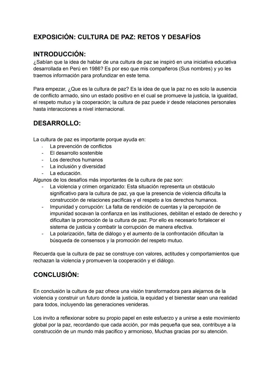 # EXPOSICIÓN: CULTURA DE PAZ: RETOS Y DESAFÍOS
## INTRODUCCIÓN:
¿Sabían que la idea de hablar de una cultura de paz se inspiró en una inici
