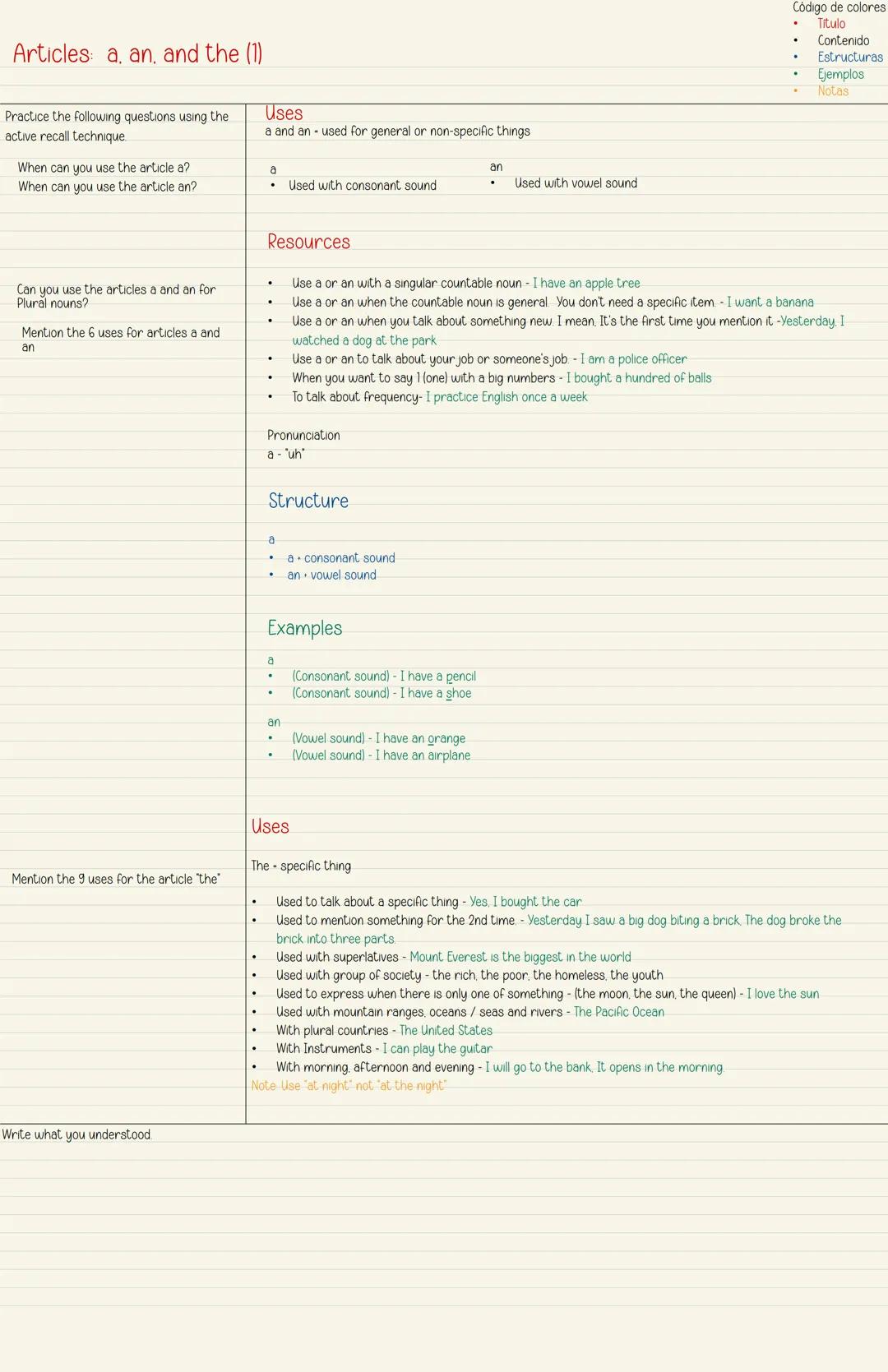 Articles: a, an, and the (1)
Practice the following questions using the
active recall technique.
Uses
a and an - used for general or non-spe