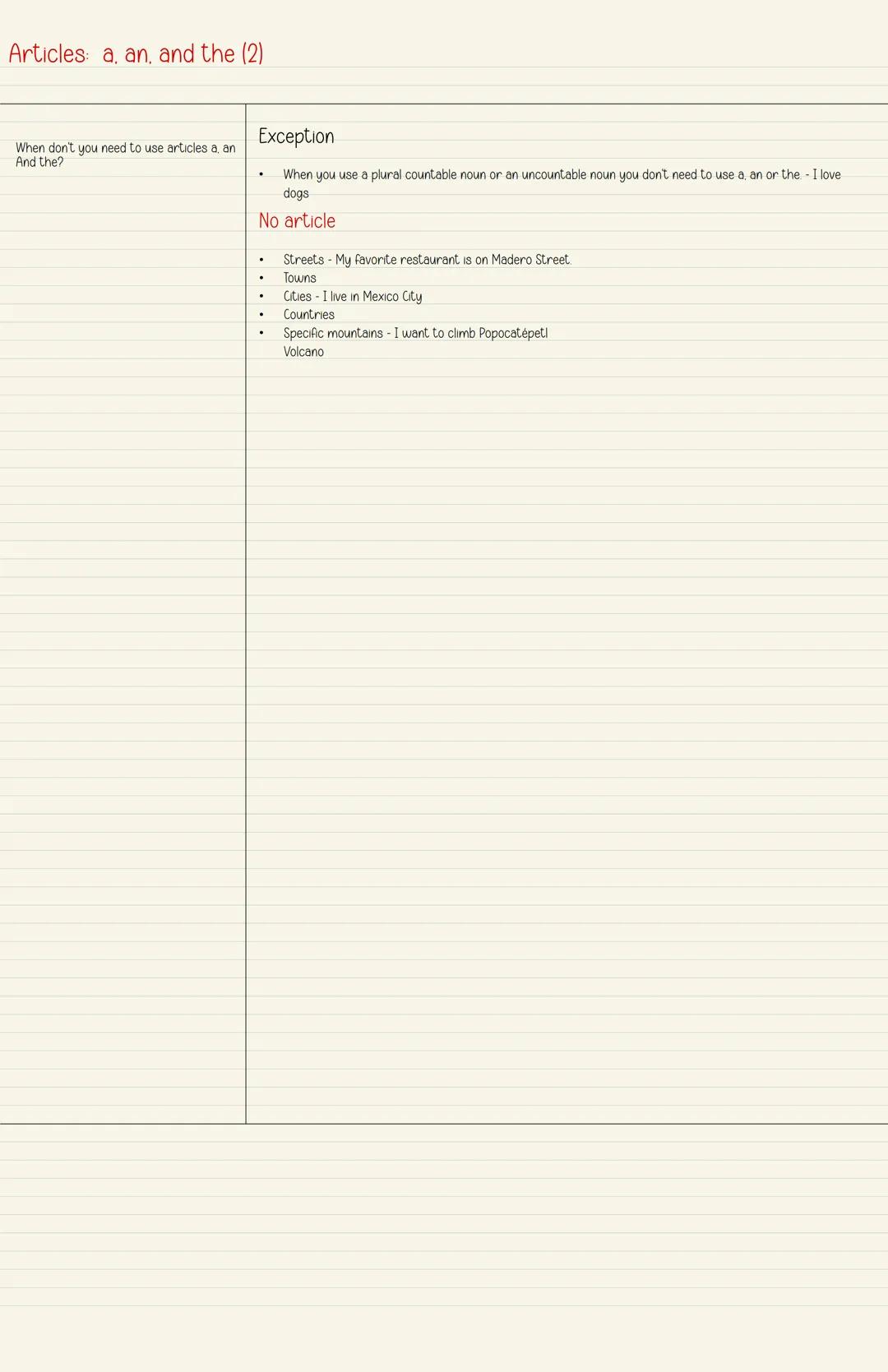 Articles: a, an, and the (1)
Practice the following questions using the
active recall technique.
Uses
a and an - used for general or non-spe