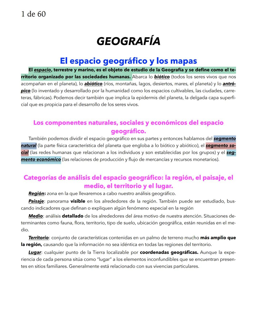 1 de 60
GEOGRAFÍA
El espacio geográfico y los mapas
El espacio, terrestre y marino, es el objeto de estudio de la Geografía y se define como