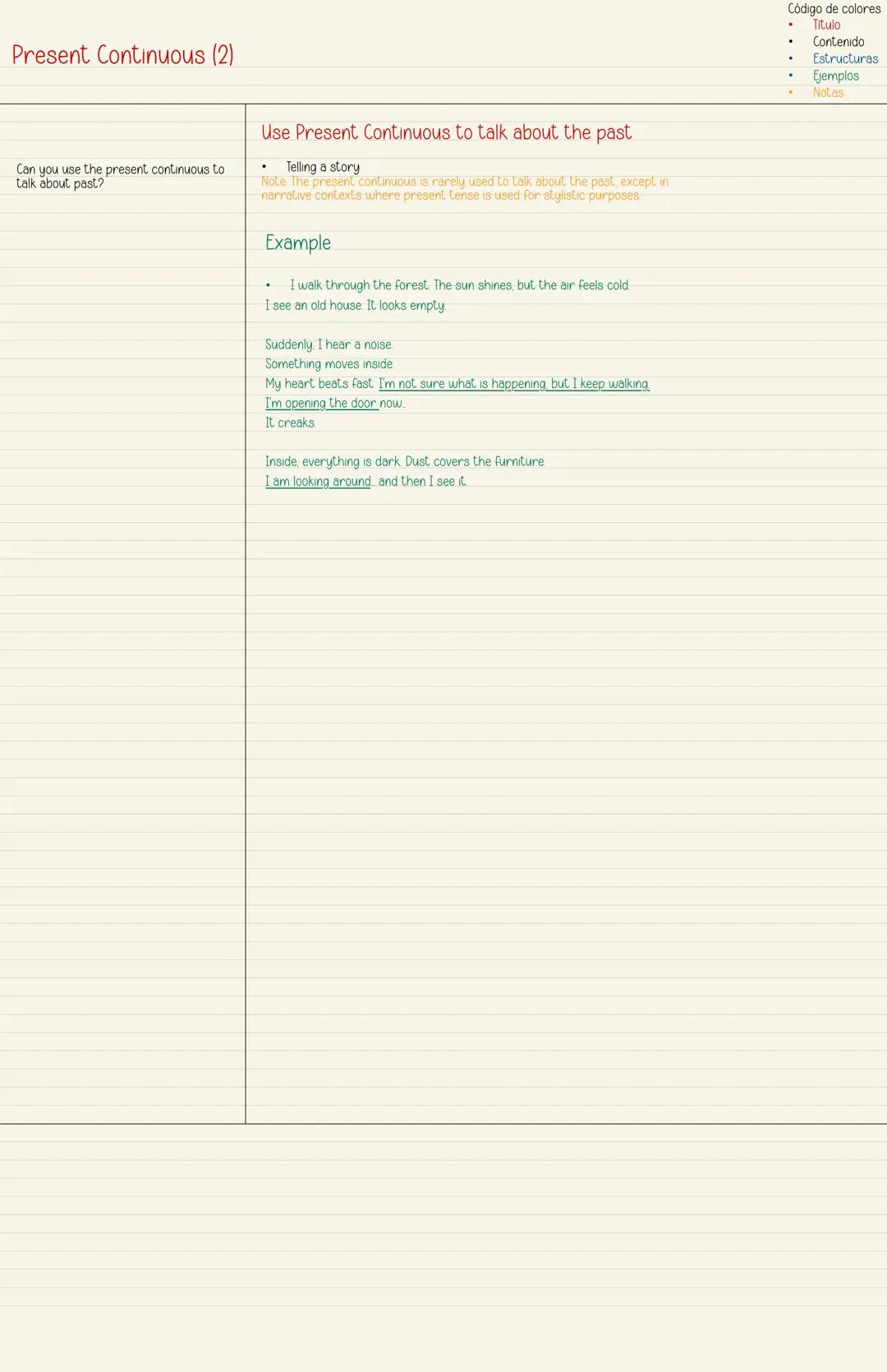 Código de colores
Titulo
Contenido
Estructuras
Ejemplos
Notas
Present Continuous (1)
Practice the following questions
using the technique ac