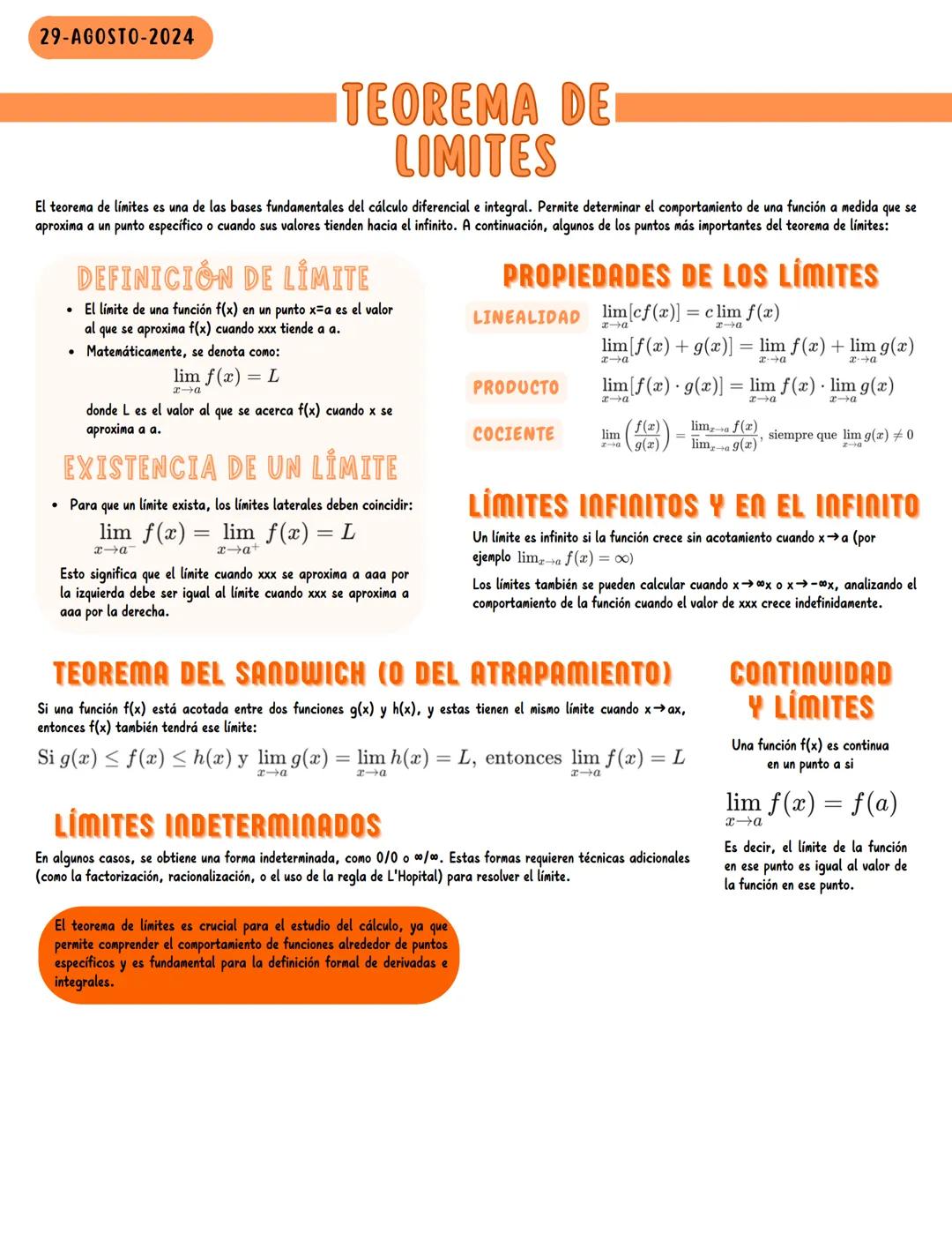 29-AGOSTO-2024
TEOREMA DE
LIMITES
El teorema de límites es una de las bases fundamentales del cálculo diferencial e integral. Permite determ