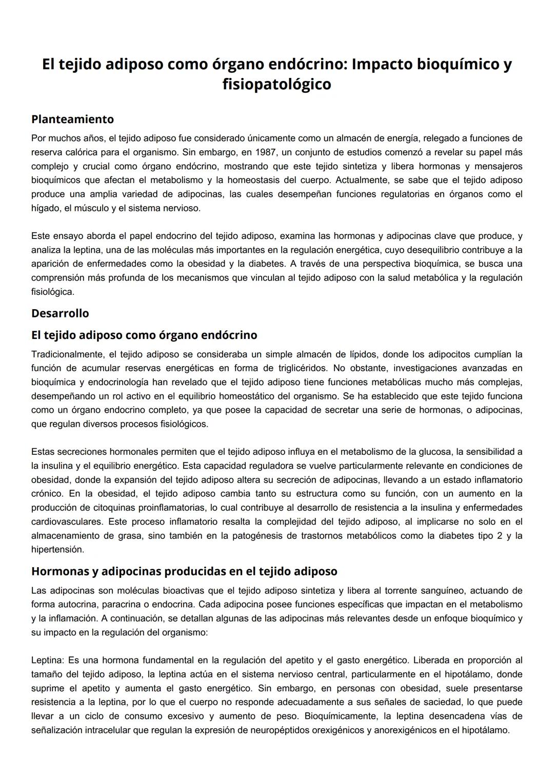 Fatima Dioselina Mercado
Higuera
Bioquímica
EL TEJIDO ADIPOSO COMO
ÓRGANO ENDÓCRINO: IMPACTO
BIOQUÍMICO Y
FISIOPATOLÓGICO
Mendoza Mejía M