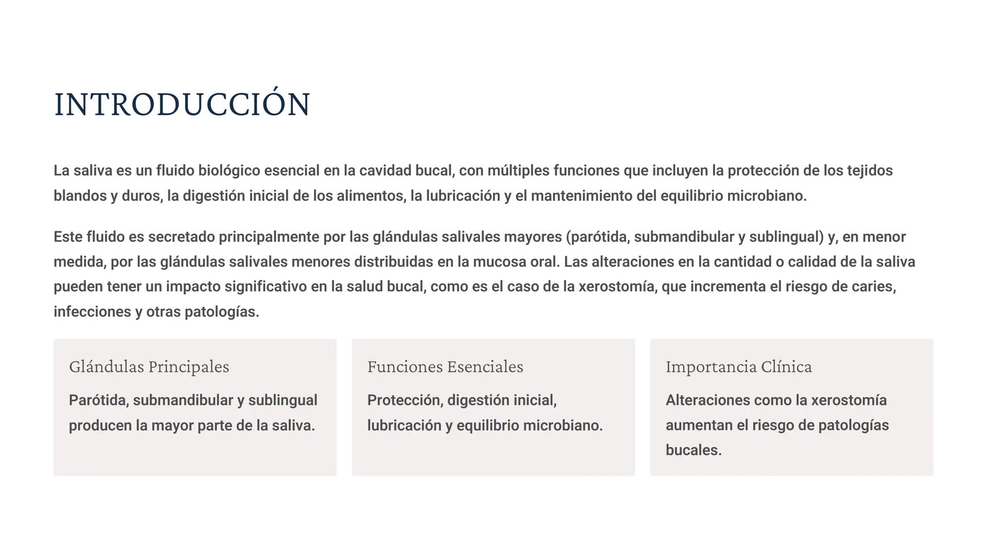 # BIOQUÍMICA EN LA SALIVA
La saliva es un fluido biológico esencial en la cavidad bucal, con múltiples
funciones que incluyen la protección