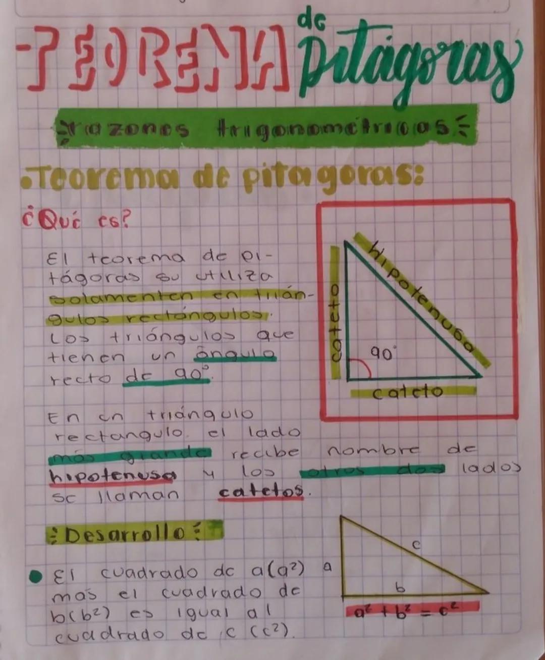 # Teorema de Pitágoras
## Razones Trigonométricas:
## Teorema de Pitágoras:
¿Qué es?
El teorema de Pitágoras se utiliza solamente en tri