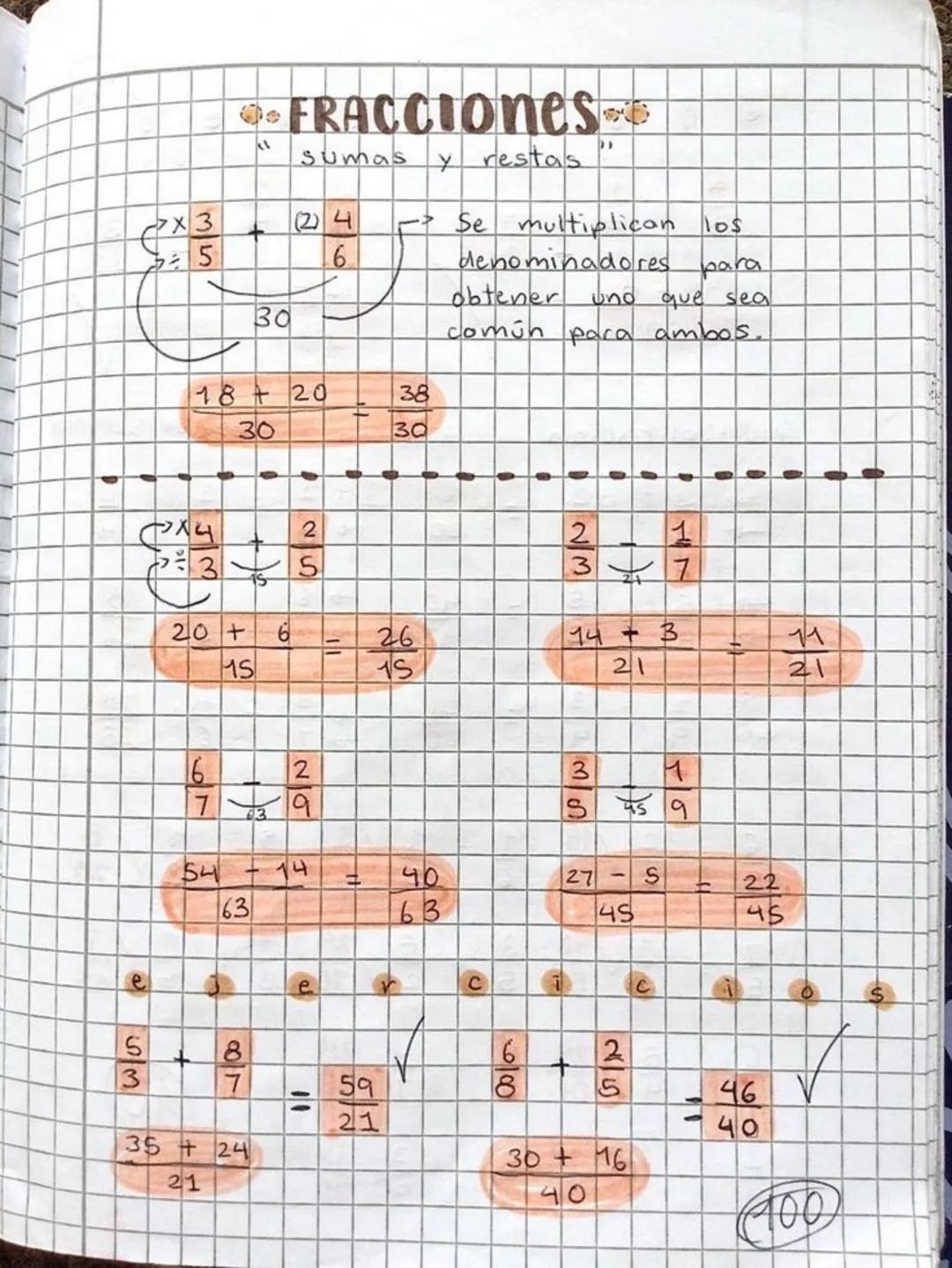 # FRACciones
sumas y restas
$
\rightarrow \frac{7x3}{5} + \frac{(2)4}{6} $
Se multiplican los
denominadores para
obtener uno que sea
comú
