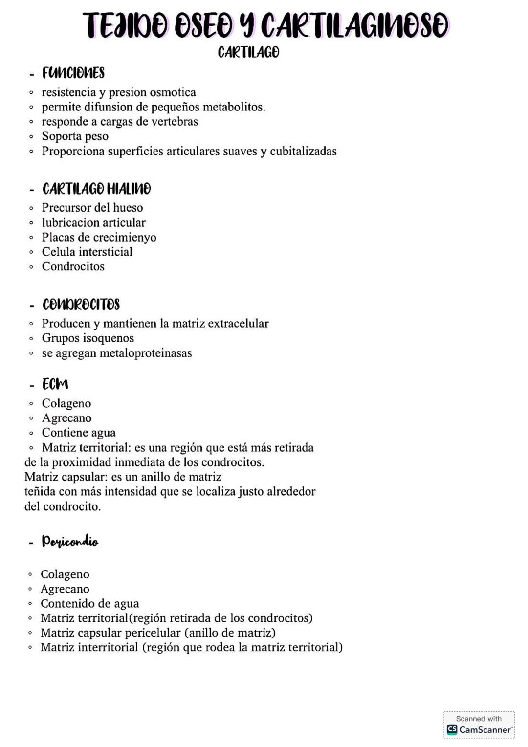 # TEJIDO OSED Y CARTILAGINOSO
CARTILAGO
- FUNCIONES
⚫ resistencia y presion osmotica
⚫ permite difunsion de pequeños metabolitos.