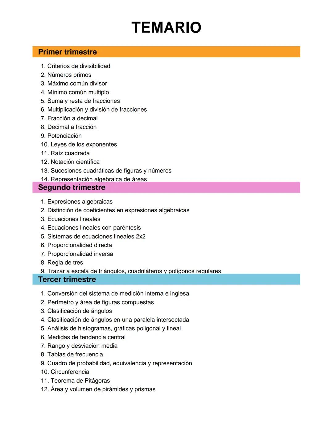 TEMARIO
Primer trimestre
1. Criterios de divisibilidad
2. Números primos
3. Máximo común divisor
4. Mínimo común múltiplo
5. Suma y resta de