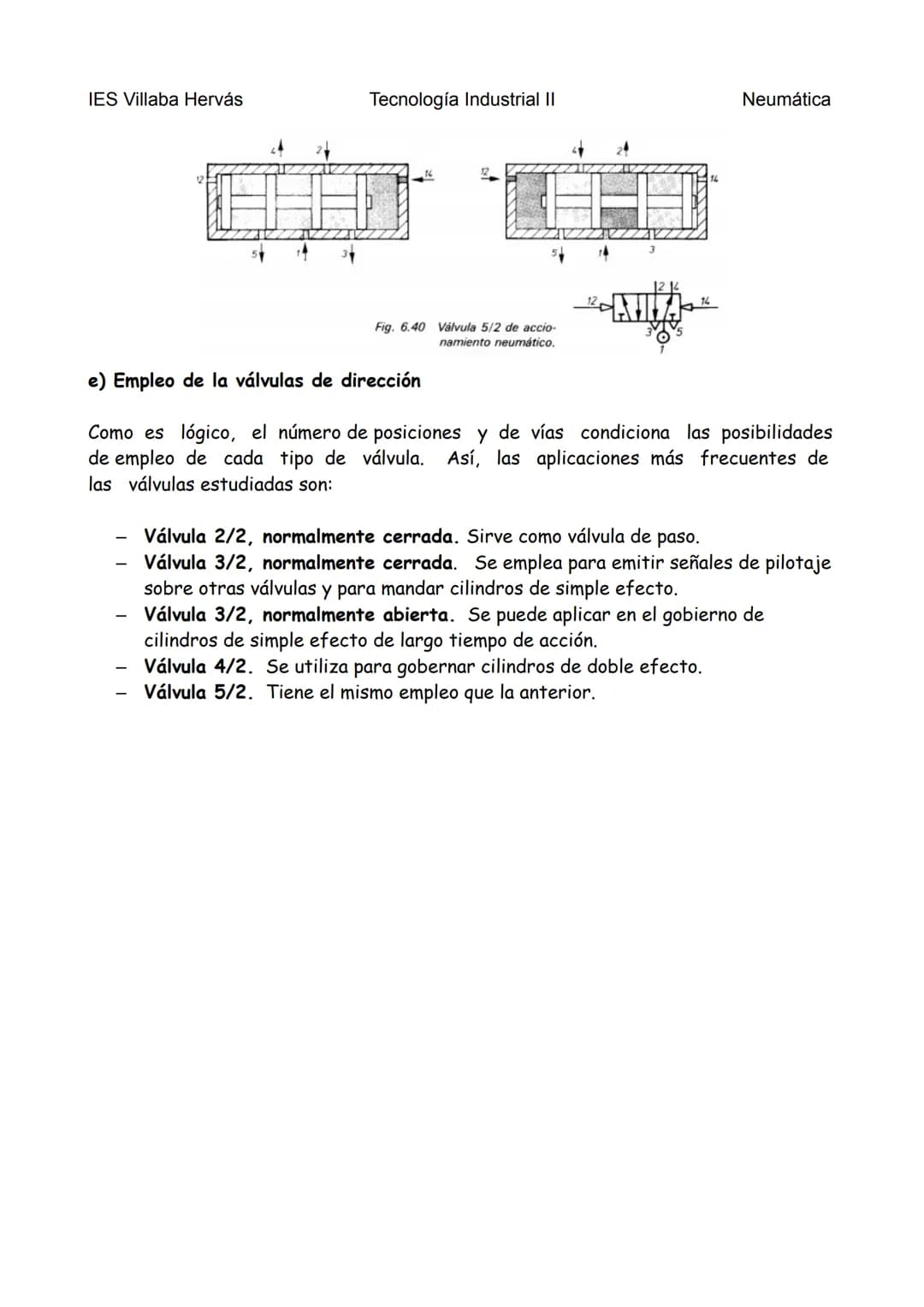 IES Villaba Hervás
Tecnología Industrial II
Neumática
Tipos de válvulas de dirección
a) Válvulas 2/2
Son válvulas normalmente cerradas en po
