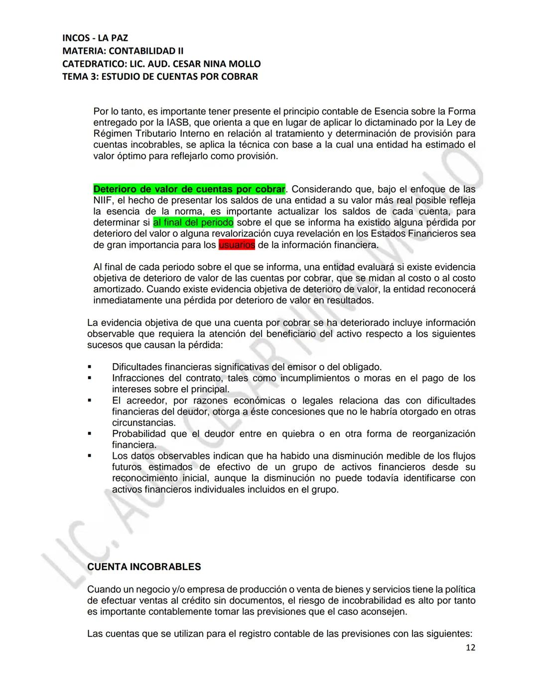 INCOS - LA PAZ
MATERIA: CONTABILIDAD II
CATEDRATICO: LIC. AUD. CESAR NINA MOLLO
TEMA 3: ESTUDIO DE CUENTAS POR COBRAR
CONTENIDO
3.1
3.2
Conc