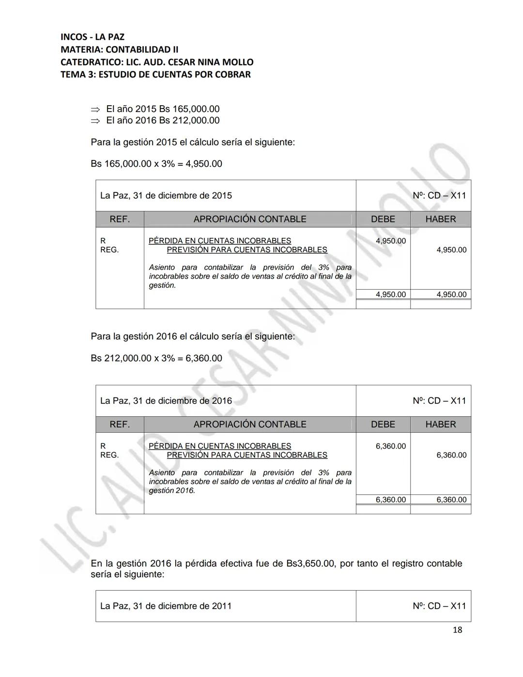 INCOS - LA PAZ
MATERIA: CONTABILIDAD II
CATEDRATICO: LIC. AUD. CESAR NINA MOLLO
TEMA 3: ESTUDIO DE CUENTAS POR COBRAR
CONTENIDO
3.1
3.2
Conc