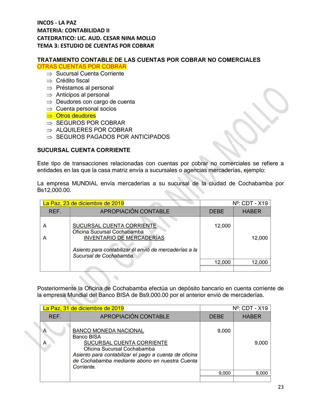 INCOS - LA PAZ
MATERIA: CONTABILIDAD II
CATEDRATICO: LIC. AUD. CESAR NINA MOLLO
TEMA 3: ESTUDIO DE CUENTAS POR COBRAR
CONTENIDO
3.1
3.2
Conc