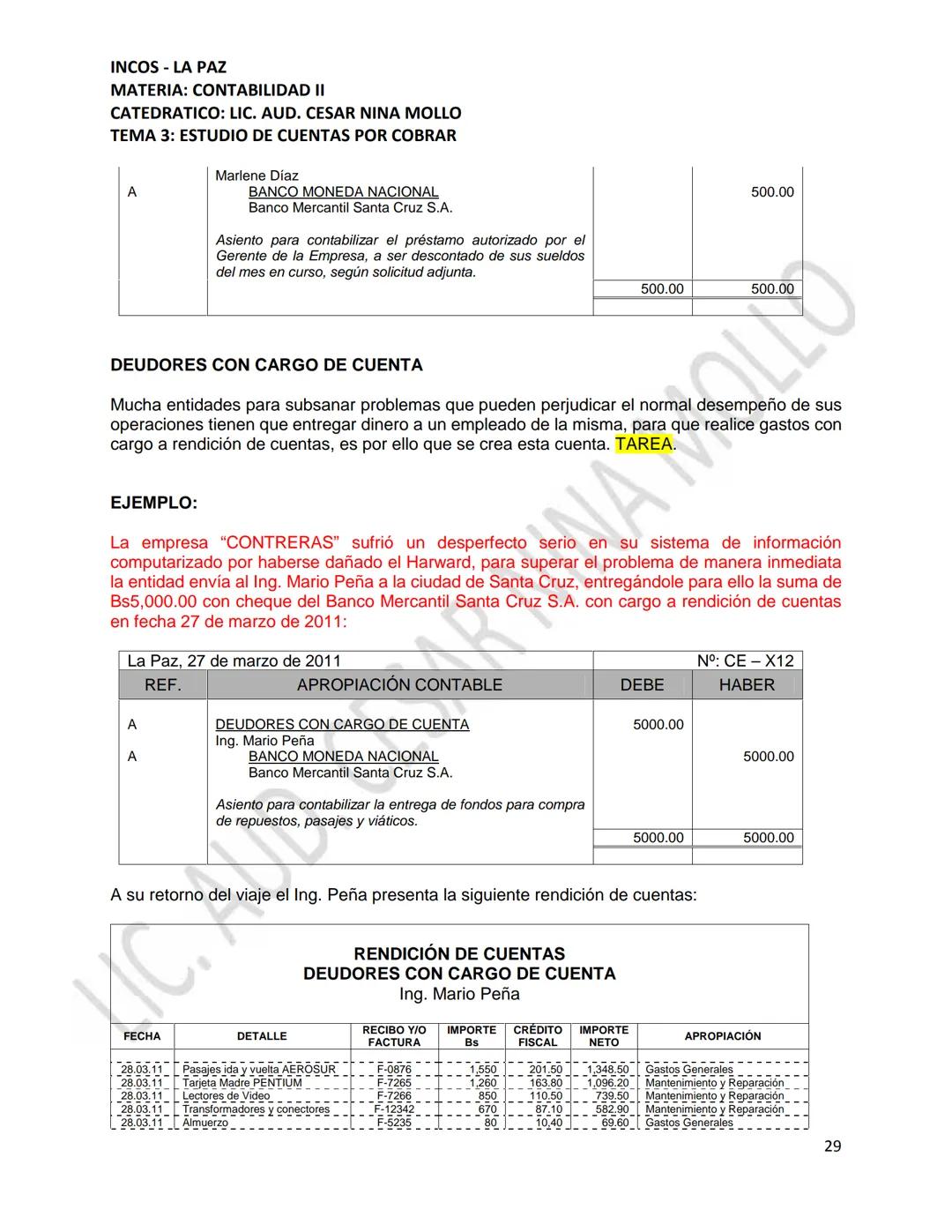 INCOS - LA PAZ
MATERIA: CONTABILIDAD II
CATEDRATICO: LIC. AUD. CESAR NINA MOLLO
TEMA 3: ESTUDIO DE CUENTAS POR COBRAR
CONTENIDO
3.1
3.2
Conc