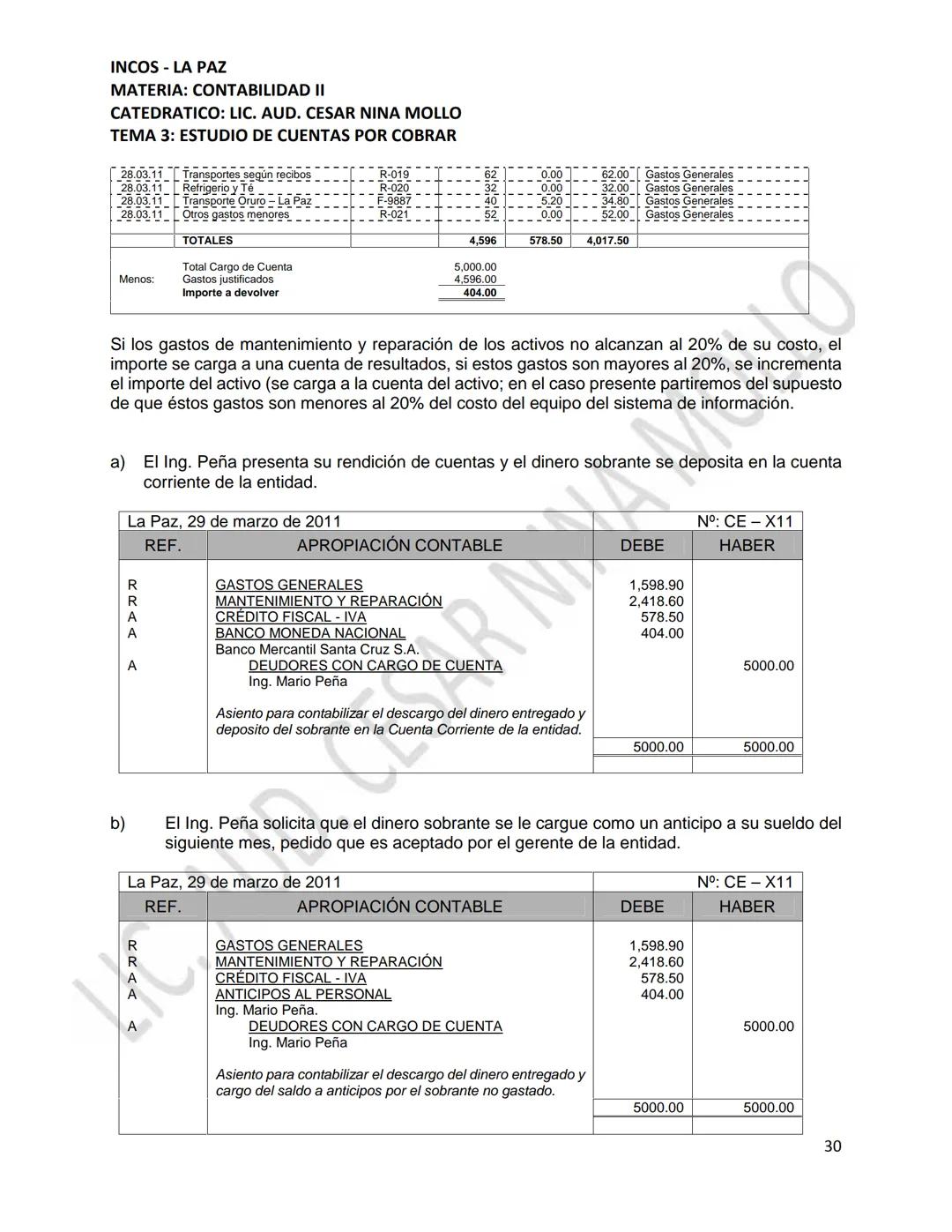 INCOS - LA PAZ
MATERIA: CONTABILIDAD II
CATEDRATICO: LIC. AUD. CESAR NINA MOLLO
TEMA 3: ESTUDIO DE CUENTAS POR COBRAR
CONTENIDO
3.1
3.2
Conc
