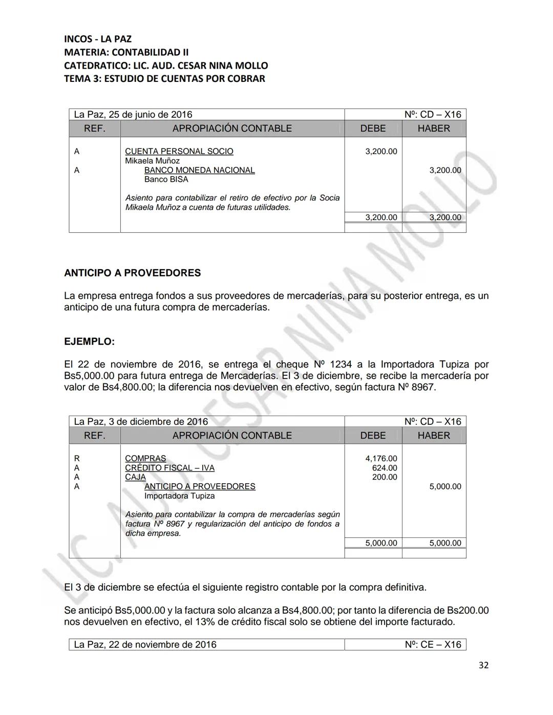 INCOS - LA PAZ
MATERIA: CONTABILIDAD II
CATEDRATICO: LIC. AUD. CESAR NINA MOLLO
TEMA 3: ESTUDIO DE CUENTAS POR COBRAR
CONTENIDO
3.1
3.2
Conc