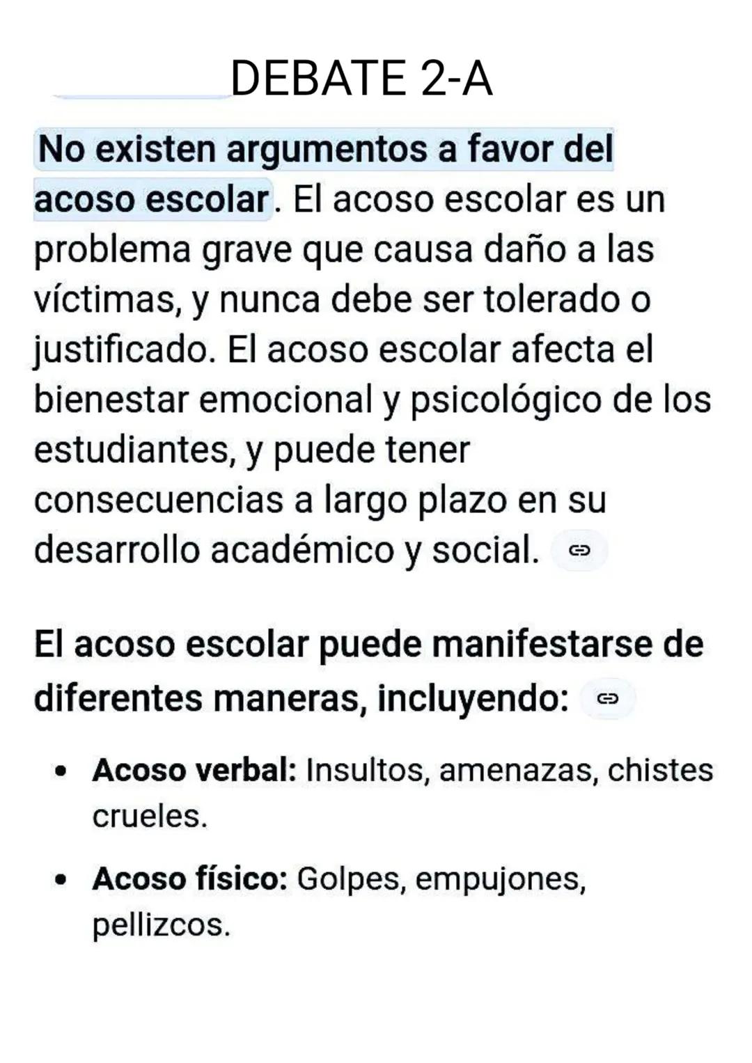 DEBATE 2-A
No existen argumentos a favor del
acoso escolar. El acoso escolar es un
problema grave que causa daño a las
víctimas, y nunca deb