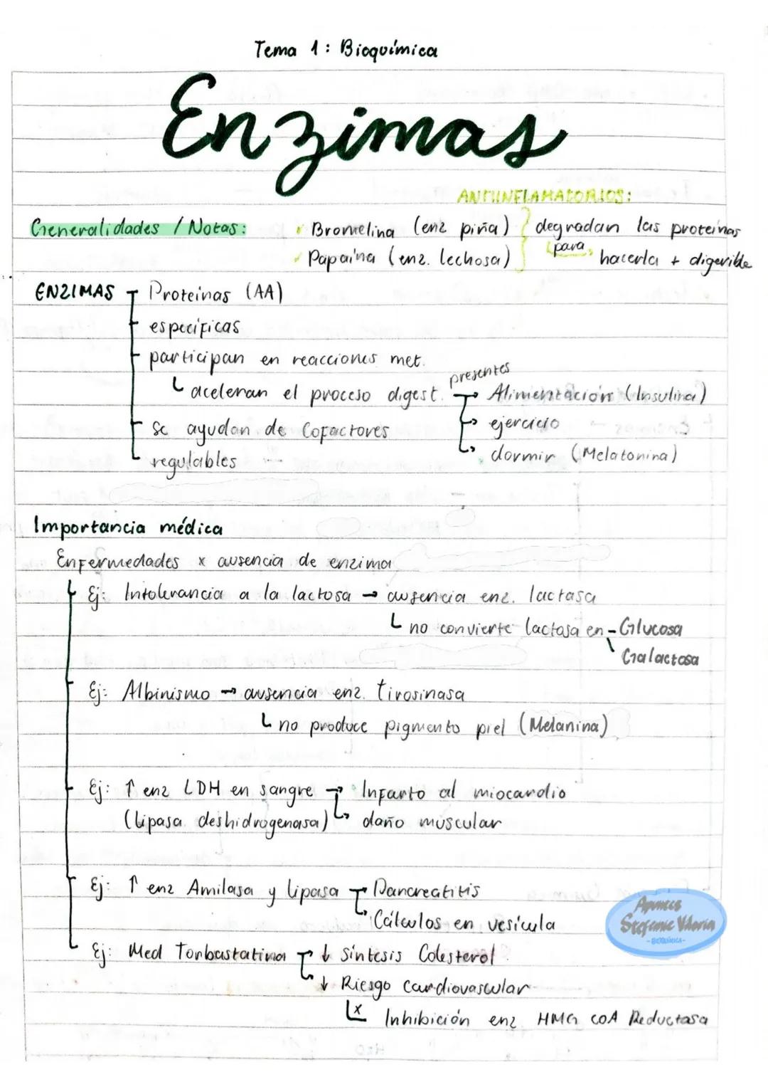# Tema 1: Bioquímica
# Enzimas
ANTINFLAMATORIOS:
Generalidades / Notas:
- Bromelina (enz piña) degradan las proteínas
- Papaína (enz. le