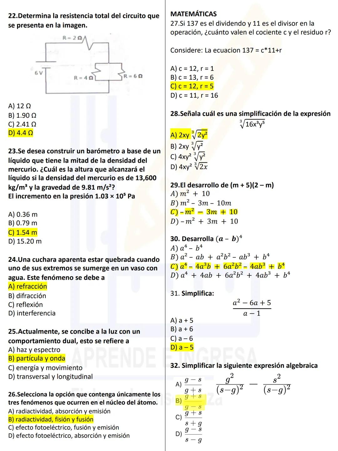 # QUÍMICA
1. Son ejemplos de compuestos:
A) Radio, litio, cloro, y oro
B) Malteada, lechuga, azúcar y potasio
C) Vinagre y aceite, cera, ag