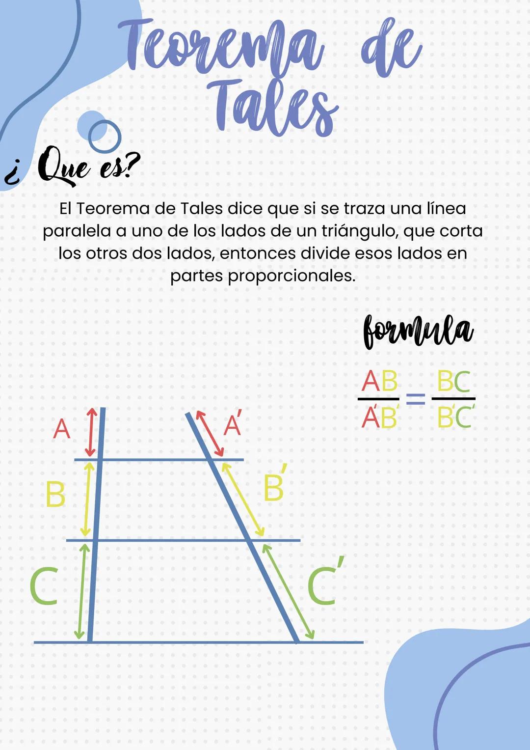 Teorema de
Tales
¿Que es?
El Teorema de Tales dice que si se traza una línea
paralela a uno de los lados de un triángulo, que corta
los otro