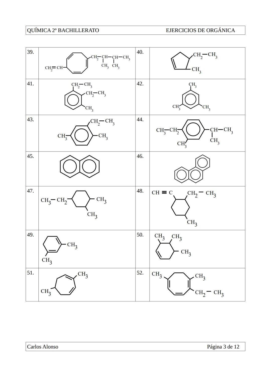 QUÍMICA 2º BACHILLERATO
EJERCICIOS DE FORMULACIÓN ORGÁNICA:
1.
CH3-CH-CH3
CH3
3.
CH₃
CH3-C-CH3
CH3
2.
EJERCICIOS DE ORGÁNICA
CH3-CH-CH2-CH3