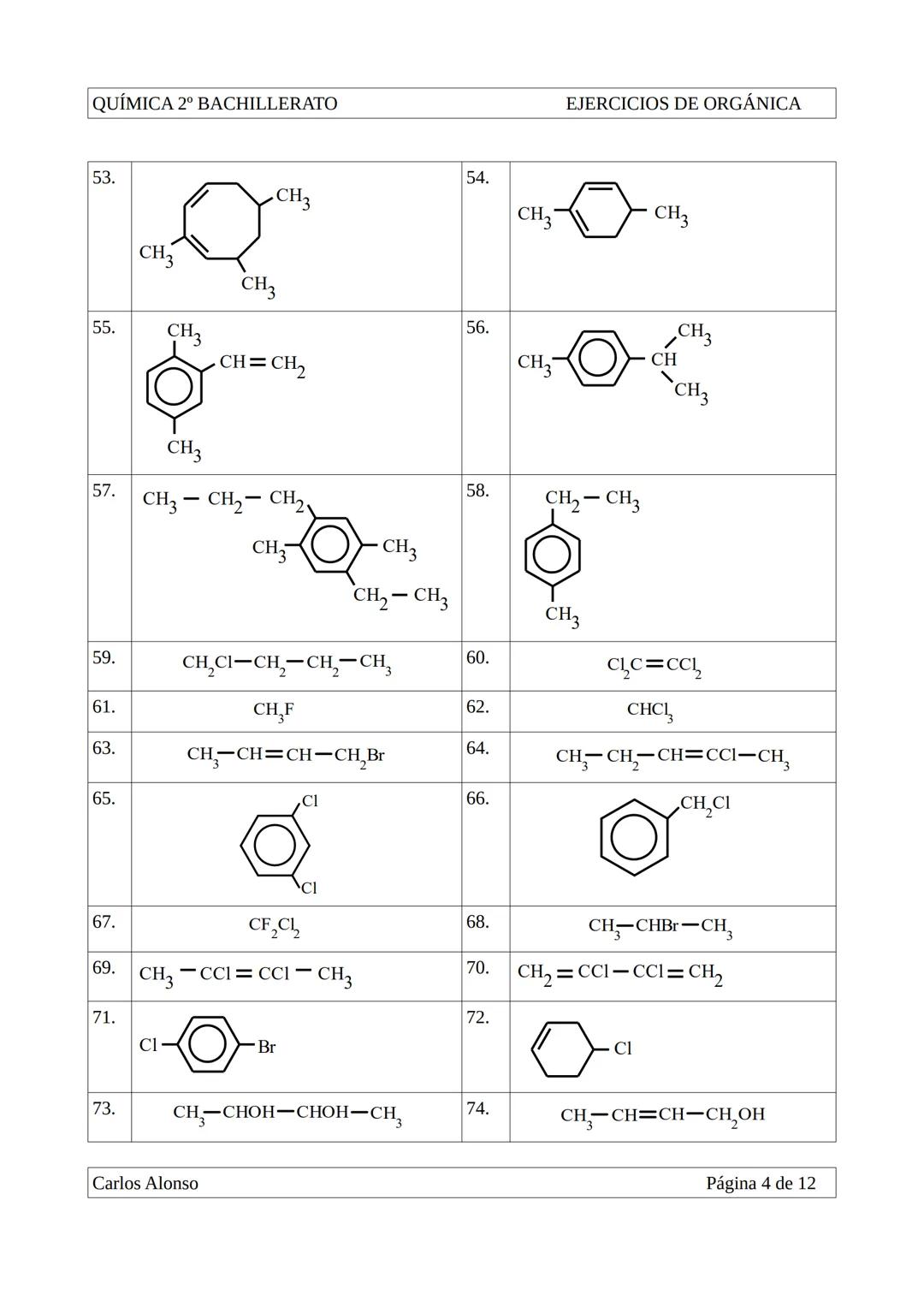 QUÍMICA 2º BACHILLERATO
EJERCICIOS DE FORMULACIÓN ORGÁNICA:
1.
CH3-CH-CH3
CH3
3.
CH₃
CH3-C-CH3
CH3
2.
EJERCICIOS DE ORGÁNICA
CH3-CH-CH2-CH3