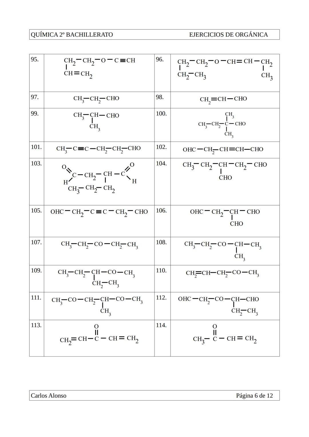 QUÍMICA 2º BACHILLERATO
EJERCICIOS DE FORMULACIÓN ORGÁNICA:
1.
CH3-CH-CH3
CH3
3.
CH₃
CH3-C-CH3
CH3
2.
EJERCICIOS DE ORGÁNICA
CH3-CH-CH2-CH3