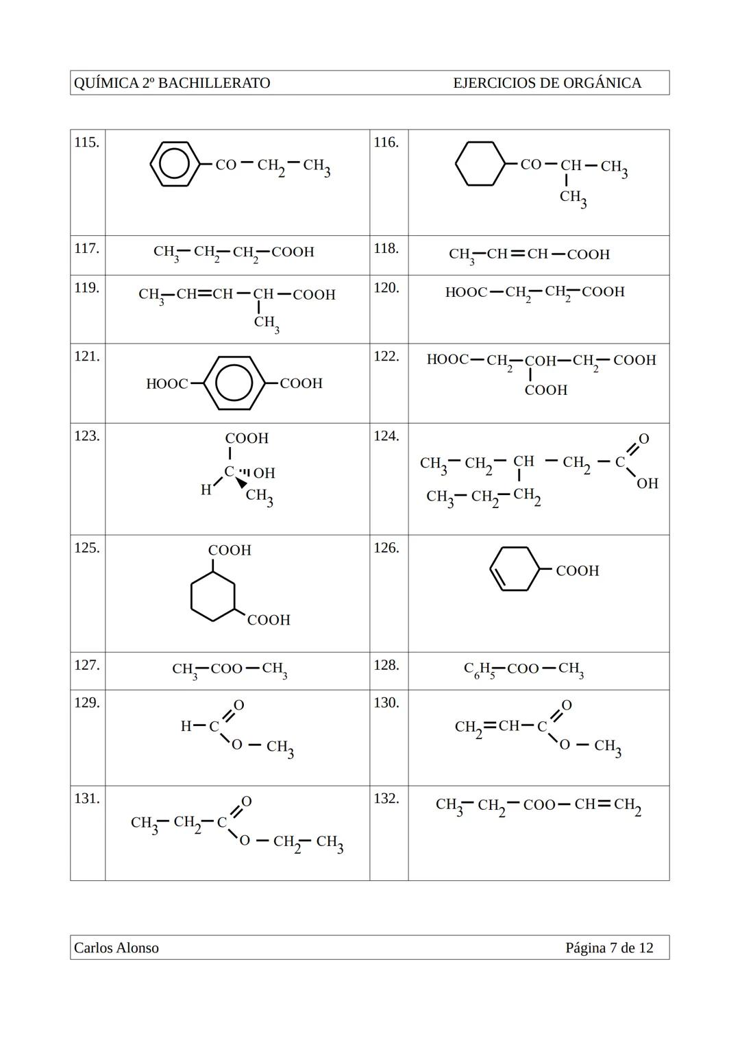 QUÍMICA 2º BACHILLERATO
EJERCICIOS DE FORMULACIÓN ORGÁNICA:
1.
CH3-CH-CH3
CH3
3.
CH₃
CH3-C-CH3
CH3
2.
EJERCICIOS DE ORGÁNICA
CH3-CH-CH2-CH3