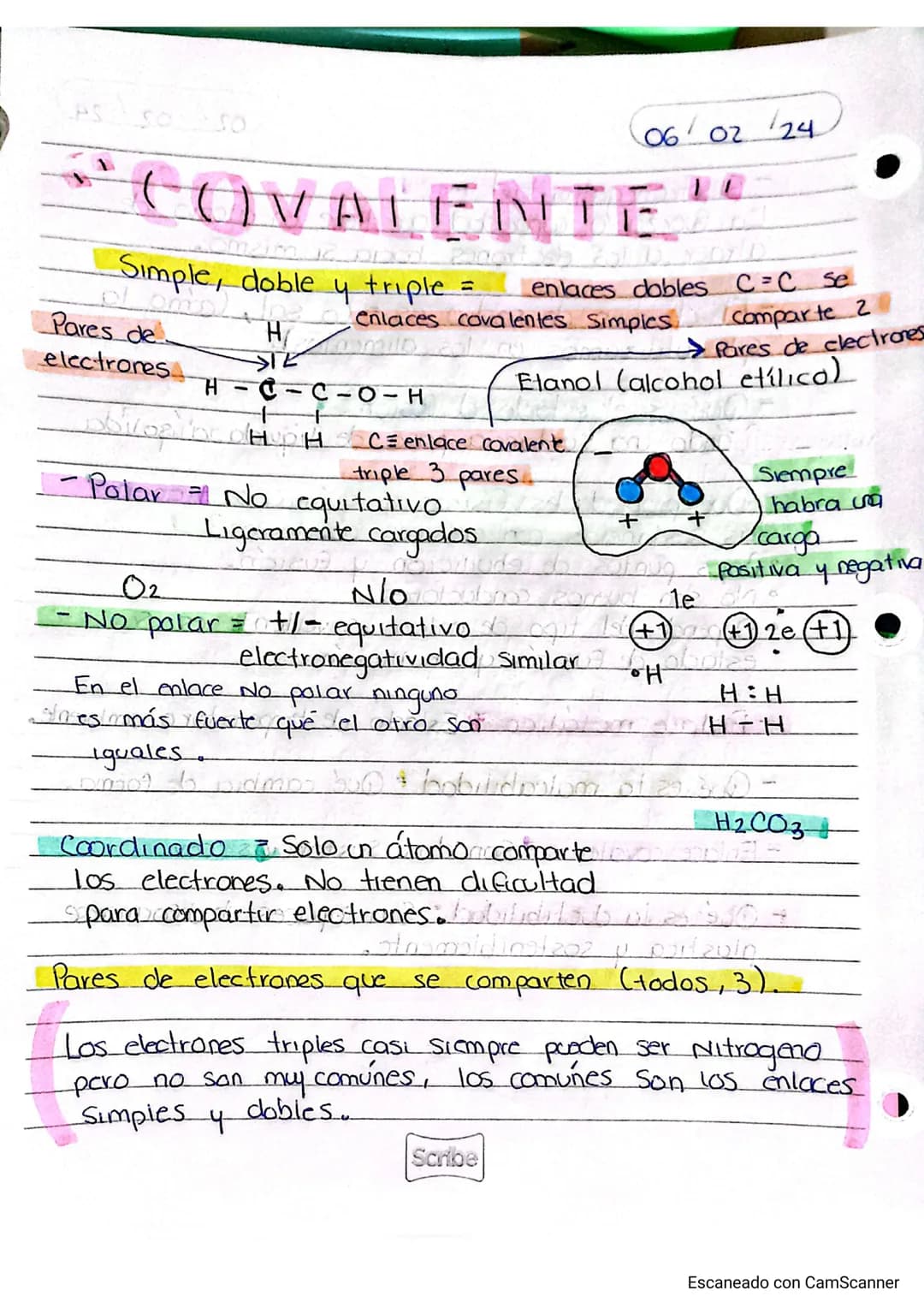 # COVALENTE
Simple, doble y triple = enlaces dobles C=C se comparte 2
enlaces covalentes Simples pares de electrones
Pares de
electrones
H