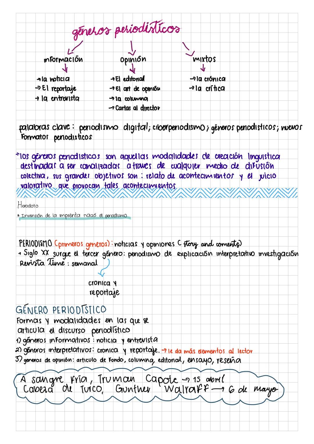 géneros periodisticos
información
↓
opinión
mixtos
↓
→la crónica
→la noticia
→El reportaje
→ la entrevista
→El editonal
→El art de opinióи
→