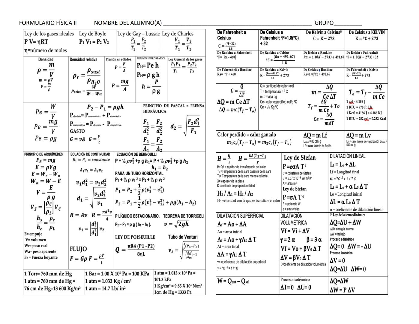 # FORMULARIO FÍSICA II NOMBRE DEL ALUMNO(A) GRUPO
## Ley de los gases ideales Ley de Boyle Ley de Gay - Lussac Ley de Charles
$P V = n