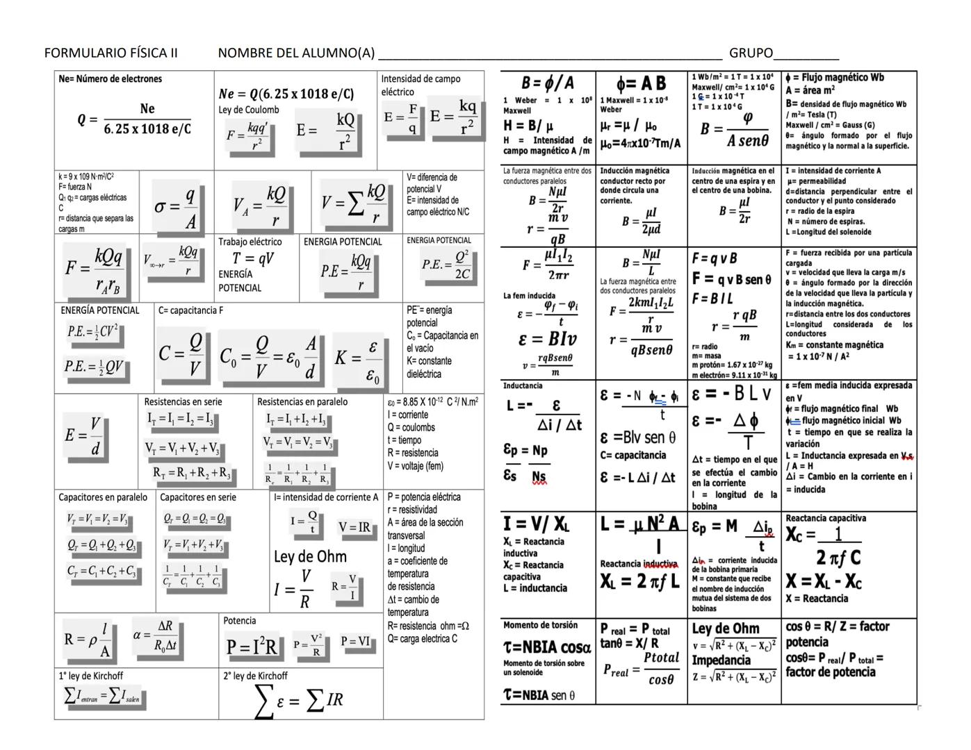 # FORMULARIO FÍSICA II NOMBRE DEL ALUMNO(A) GRUPO
## Ley de los gases ideales Ley de Boyle Ley de Gay - Lussac Ley de Charles
$P V = n