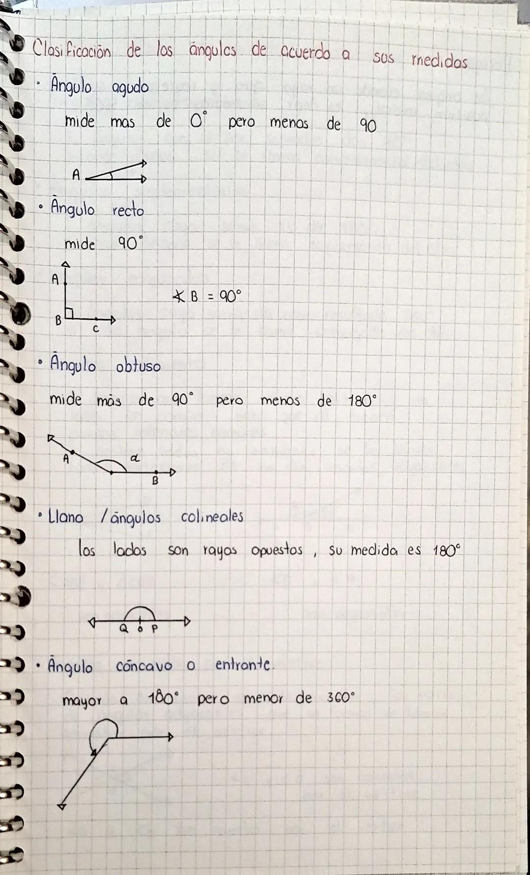 Clasificación de los ángulos de acuerdo a sus medidas
• Ángulo agudo
mide más de 0° pero menos de 90°
A
• Ángulo recto
mide 90°
A
B
C
∠B =