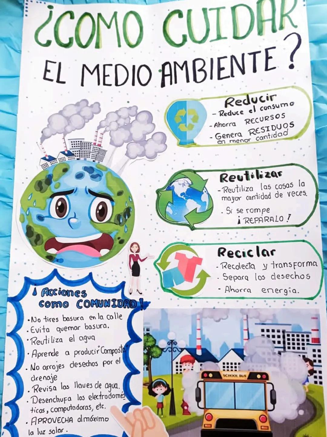 # ¿COMO CUIDAR
# EL MEDIO AMBIENTE?
## Reducir
- Reduce el consumo
- Ahorra RECURSOS
- Genera RESIDUOS
en menor cantidad
## Reutilizar
- R