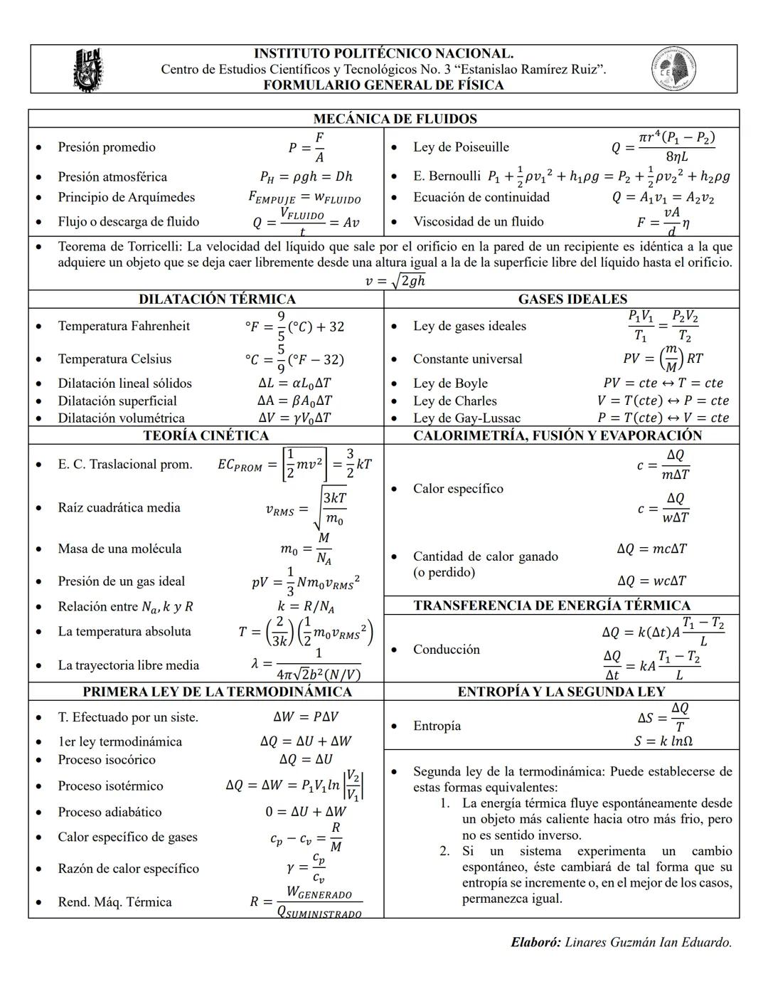 INSTITUTO POLITÉCNICO NACIONAL.
Centro de Estudios Científicos y Tecnológicos No. 3 "Estanislao Ramírez Ruiz".
FORMULARIO GENERAL DE FÍSICA