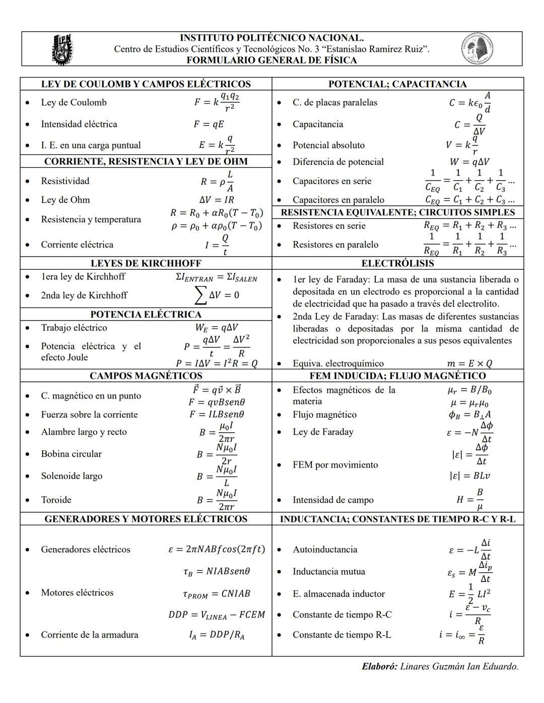 INSTITUTO POLITÉCNICO NACIONAL.
Centro de Estudios Científicos y Tecnológicos No. 3 "Estanislao Ramírez Ruiz".
FORMULARIO GENERAL DE FÍSICA
