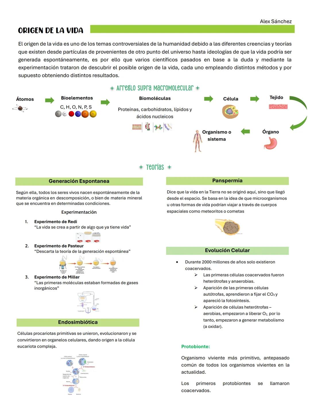 --- OCR Start ---
Alex Sánchez
ORIGEN DE LA VIDA
El origen de la vida es uno de los temas controversiales de la humanidad debido a las difer