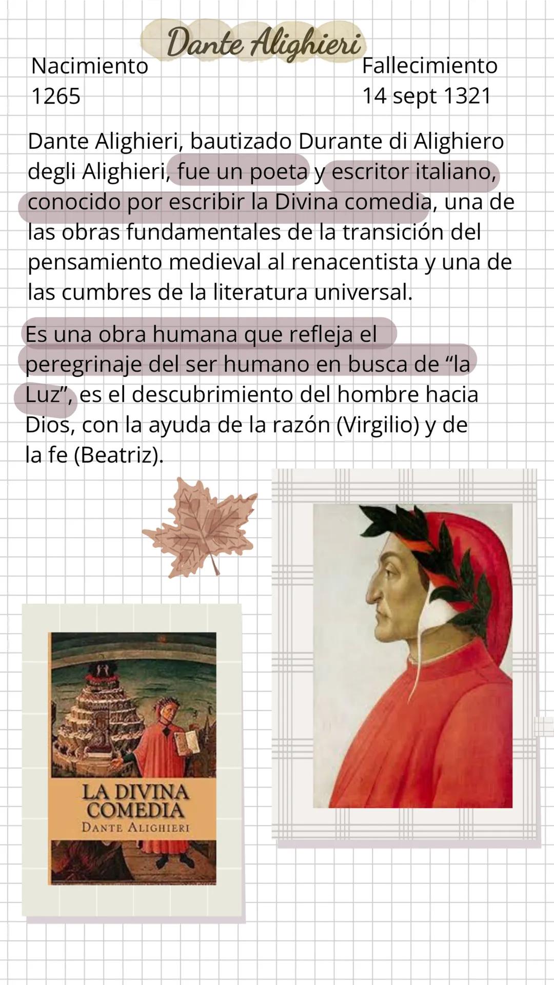Dante Alighieri
Nacimiento
1265
Fallecimiento
14 sept 1321
Dante Alighieri, bautizado Durante di Alighiero
degli Alighieri, fue un poeta y e
