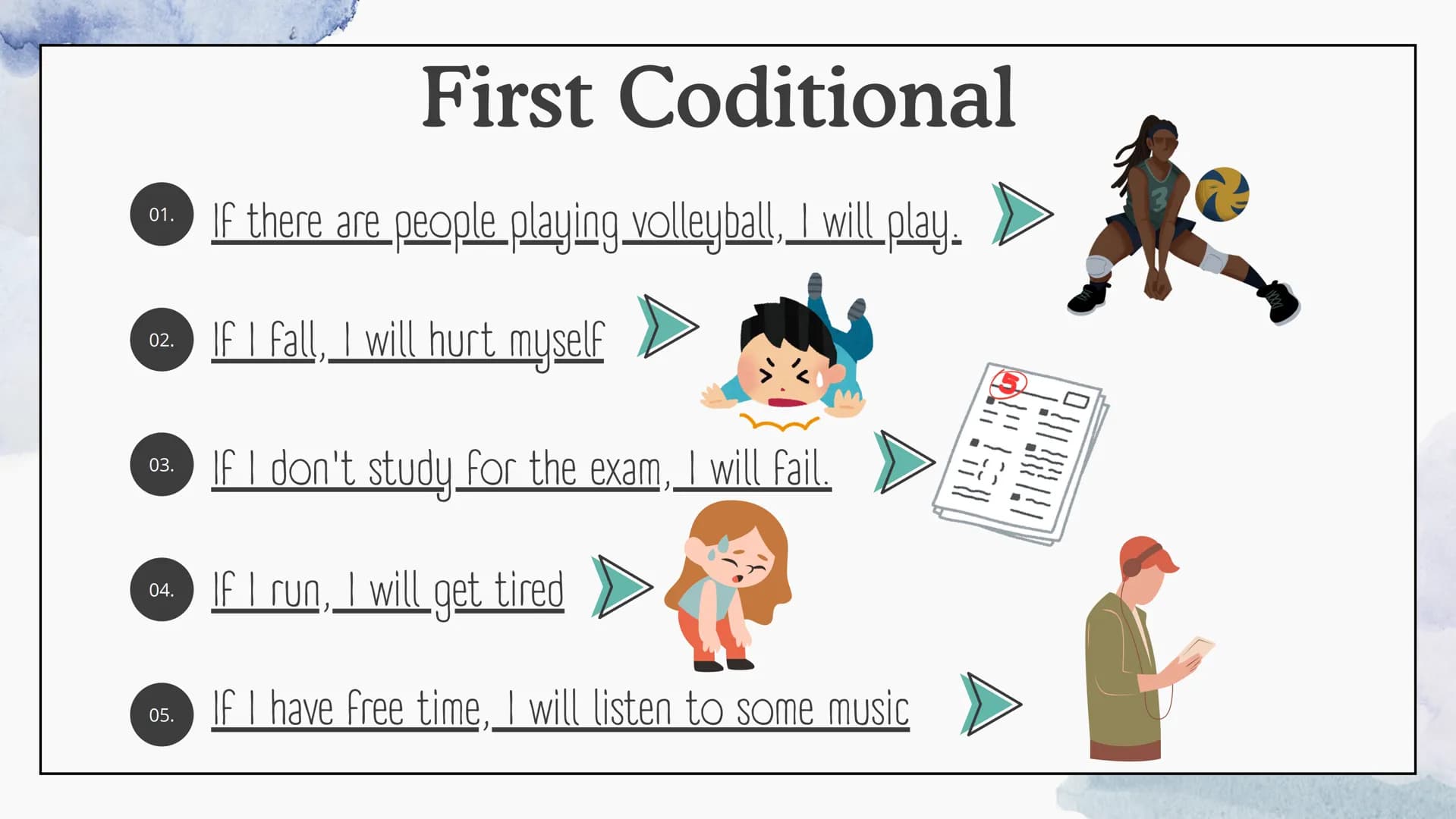 01.
Zero Coditional
IF I exercise, I sweat >
02.
If I don't eat breakfast, i get a headache
03.
If I practice my English, I become good at i
