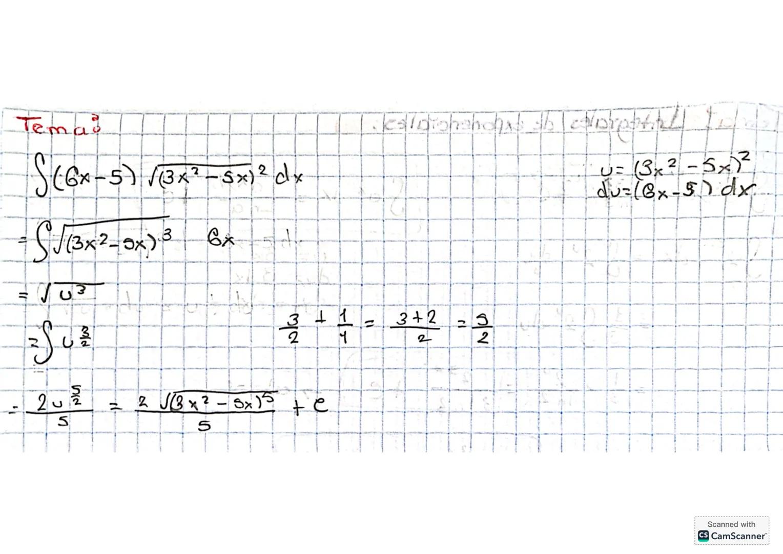 Tema raíces
$\int 2x \sqrt{3x^2 - 5} dx = \int \sqrt{u} du$
$- \int \sqrt{3x^2 - 5} 2x dx$
$u = 3\sqrt{x^2 - 5}$
$du = 2x dx$
$= \int u^{1/2