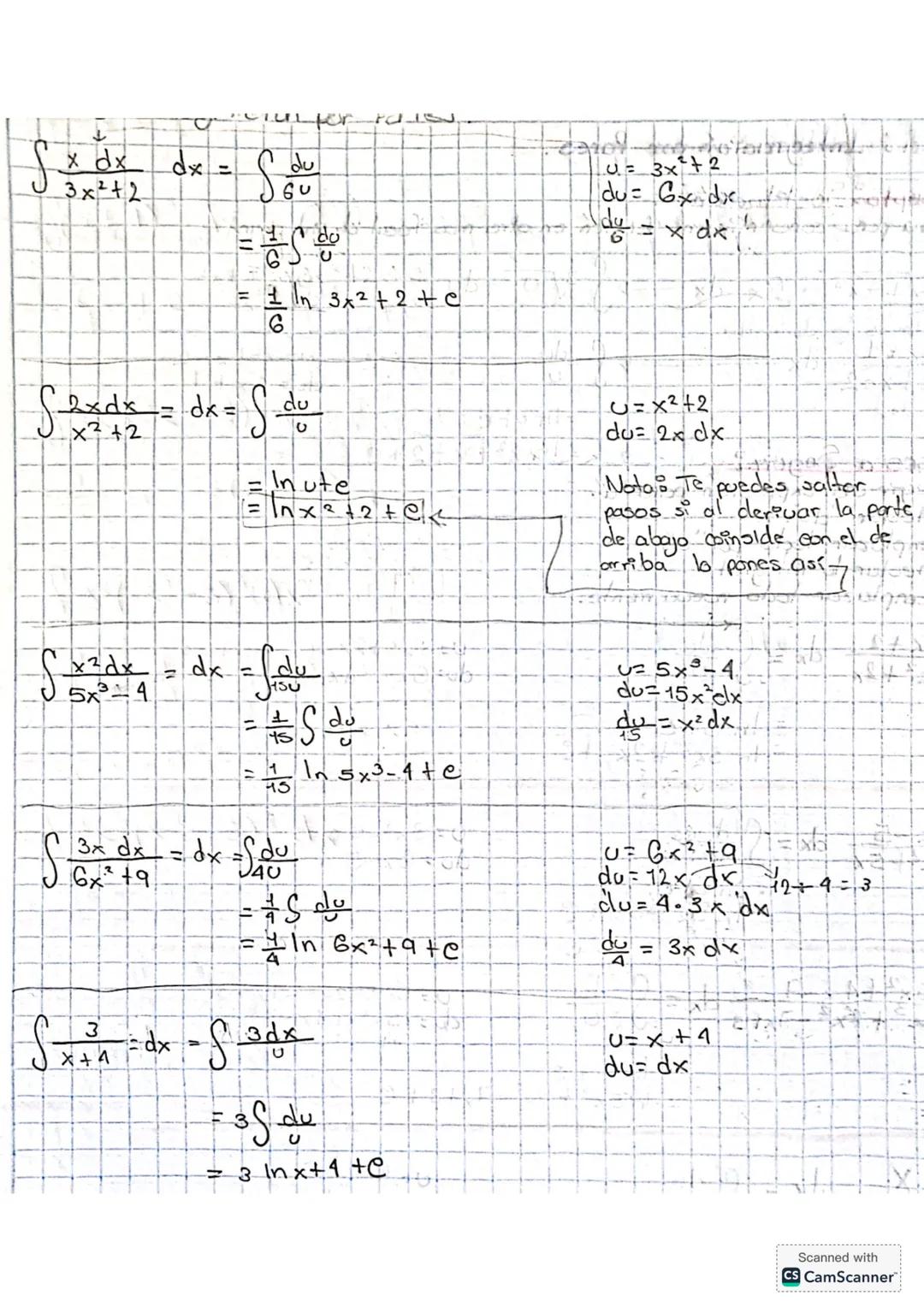 --- OCR Start ---
$\int \frac{x}{3x^2+2} dx = \int \frac{du}{6u}$
$\frac{1}{6} \int \frac{du}{u}$
$= \frac{1}{6} ln \, 3x^2+2 + c$
$\int \fr