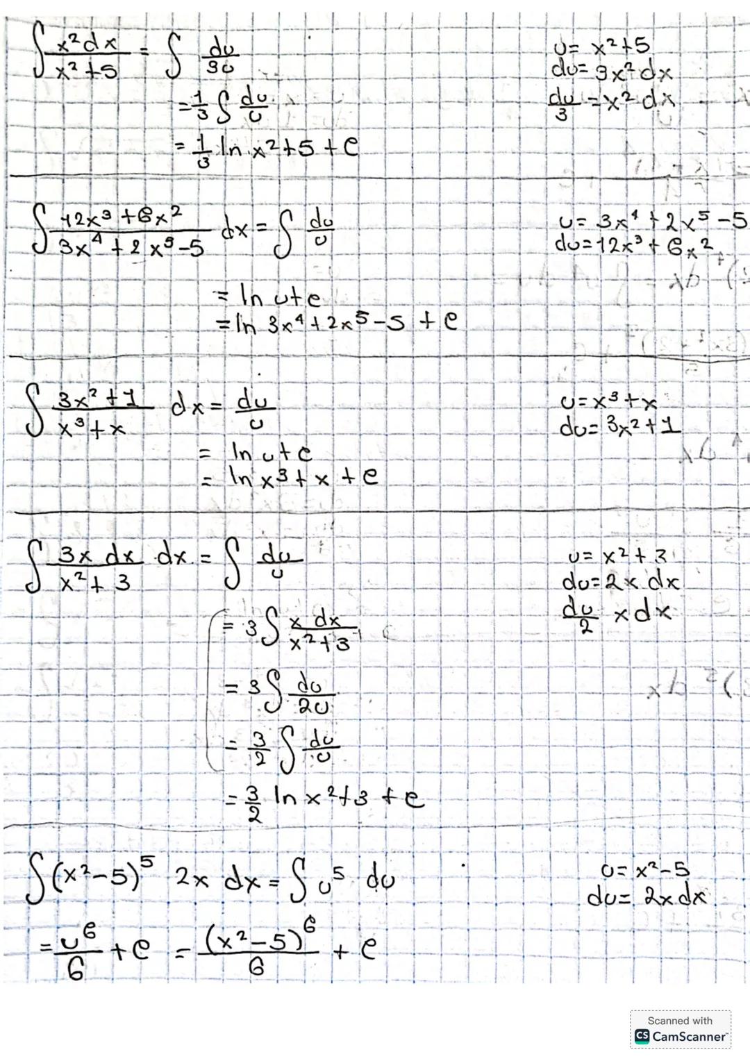 --- OCR Start ---
$\int \frac{x}{3x^2+2} dx = \int \frac{du}{6u}$
$\frac{1}{6} \int \frac{du}{u}$
$= \frac{1}{6} ln \, 3x^2+2 + c$
$\int \fr