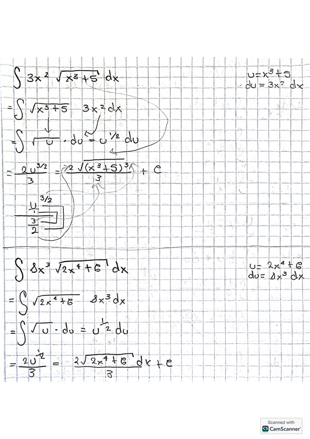 --- OCR Start ---
$\int \frac{x}{3x^2+2} dx = \int \frac{du}{6u}$
$\frac{1}{6} \int \frac{du}{u}$
$= \frac{1}{6} ln \, 3x^2+2 + c$
$\int \fr