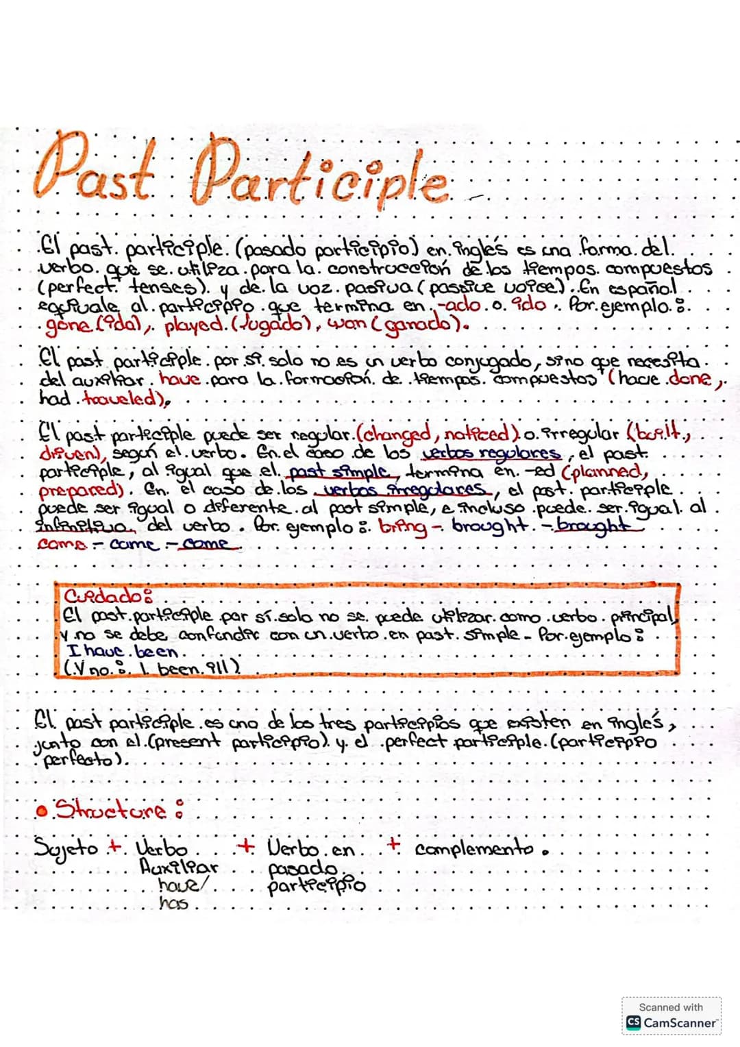 Past Participle
El past participle. (pasado participio) en ingles es una forma. del.
verbo. que se utiliza pora la. construcción de los tiem