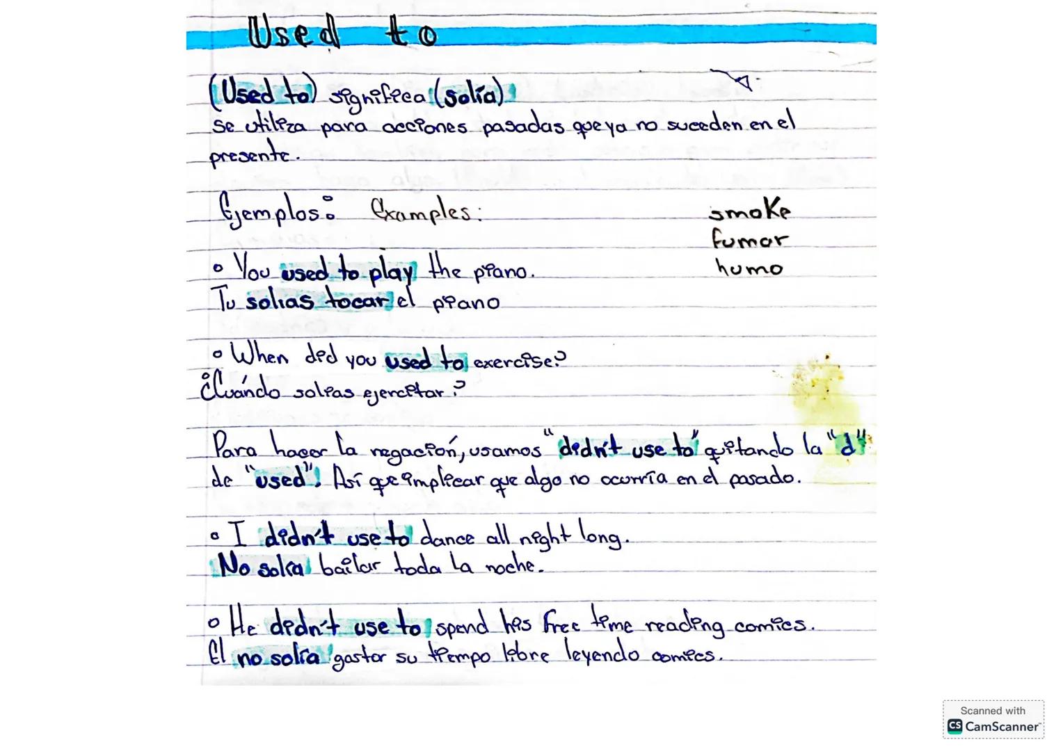 --- OCR Start ---
Used to
(Used to) significa (solía)
Se utiliza para acciones pasadas que ya no suceden en el
presente.
Ejemplos: examples: