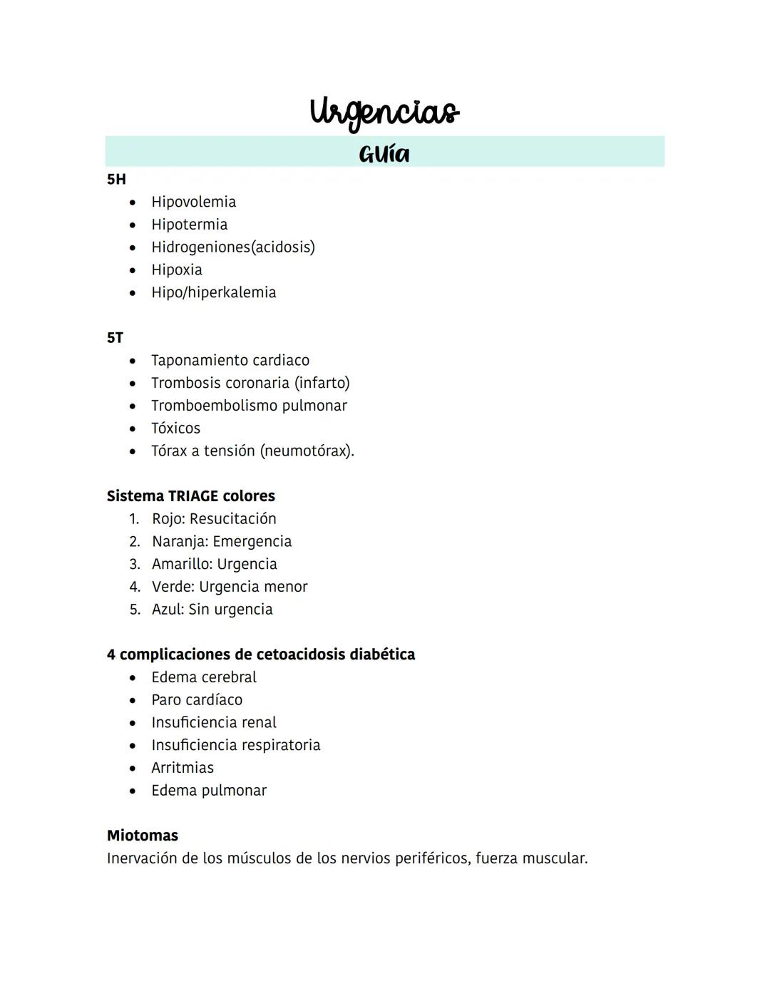 5H
* Hipovolemia
* Hipotermia
* Hidrogeniones(acidosis)
* Hipoxia
* Hipo/hiperkalemia
5T
* Taponamiento cardiaco
* Trombosis coronaria (i