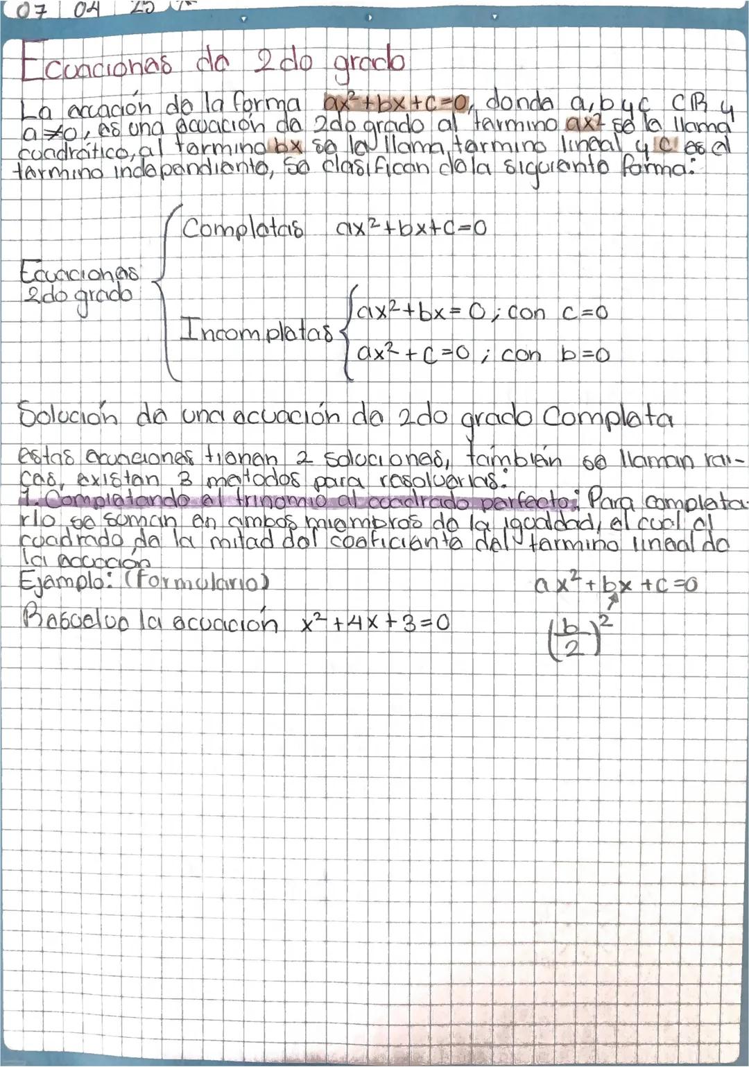 # Ecuaciones de 2do grado
La ecuación de la forma $ax^2+bx+c=0$, donde $a$, $b$ y $c$ $ ext{∈} ext{ℝ}$ y $a≠0$, es una ecuación de 2do gra