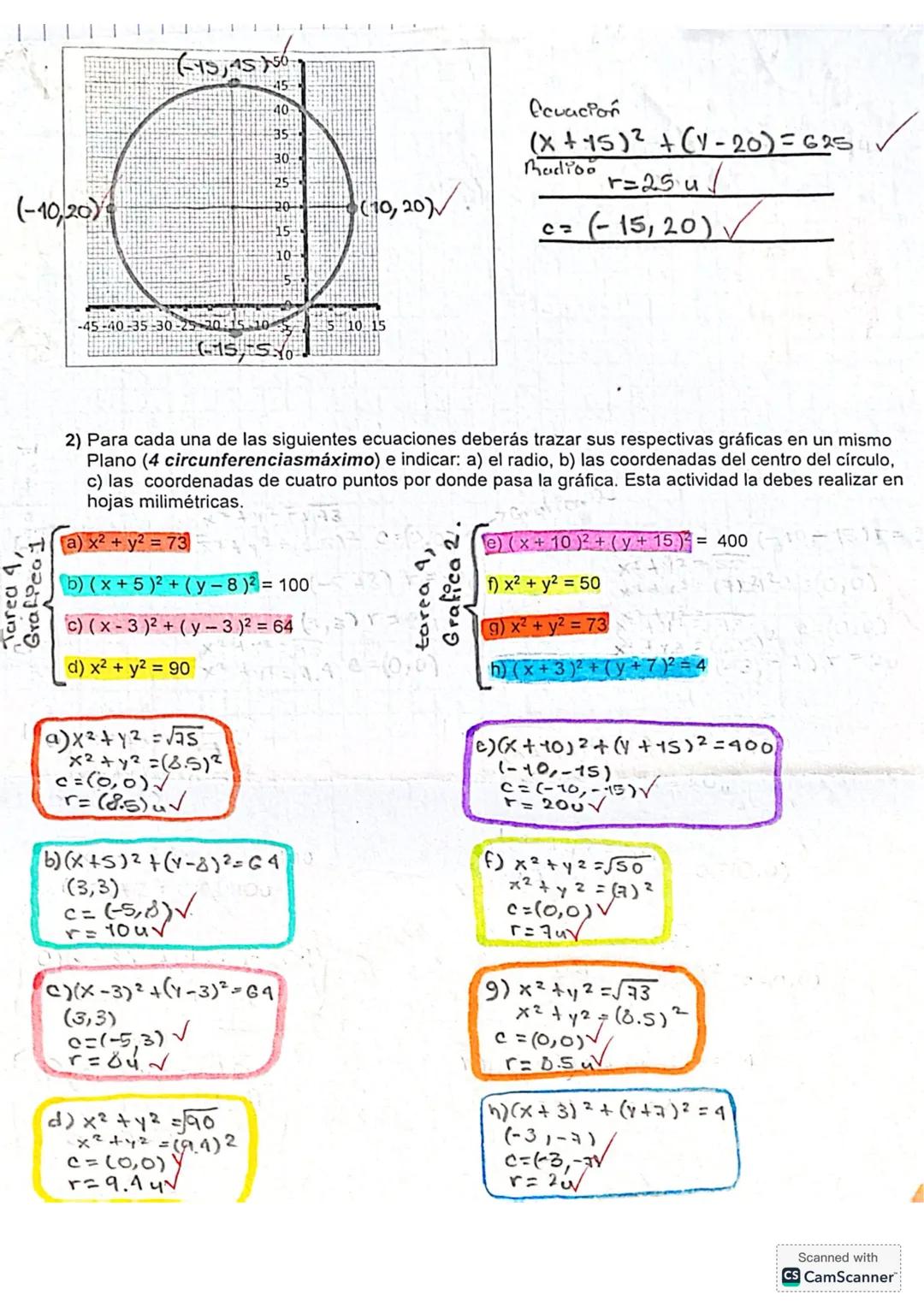 1) Para cada una de las siguientes gráficas, deberás identificar: a) el radio, b) las coordenadas del
centro del círculo y c) la ecuación qu