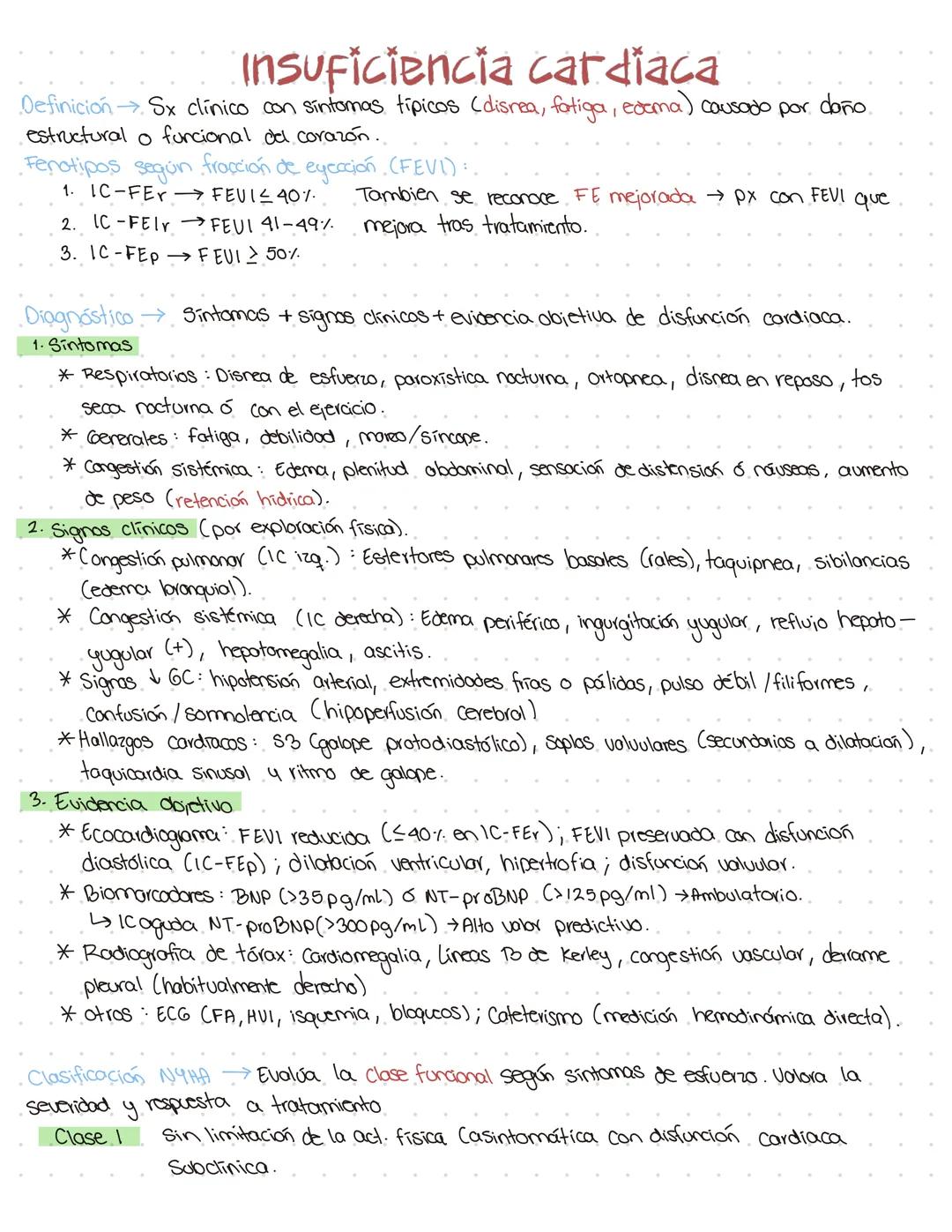# Insuficiencia cardiaca
Definición $
arrow$ Sx clínico con sintomas típicos (disrea, fatiga, exama) causado por daño
estructural o funcion
