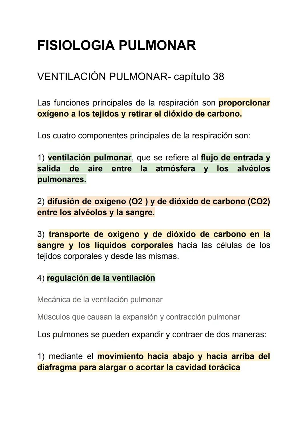 FISIOLOGIA PULMONAR
VENTILACIÓN PULMONAR- capítulo 38
Las funciones principales de la respiración son proporcionar
oxígeno a los tejidos y r