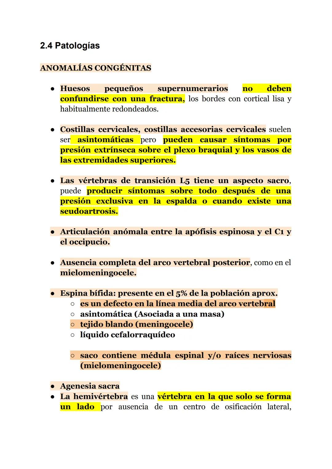 Tema 2: COLUMNA VERTEBRAL
2.1 -Radiografía de columna vertebral
Dolor en la espalda:
Congénitas/desarrollo:
• Meningocele
• Mielomeningocele